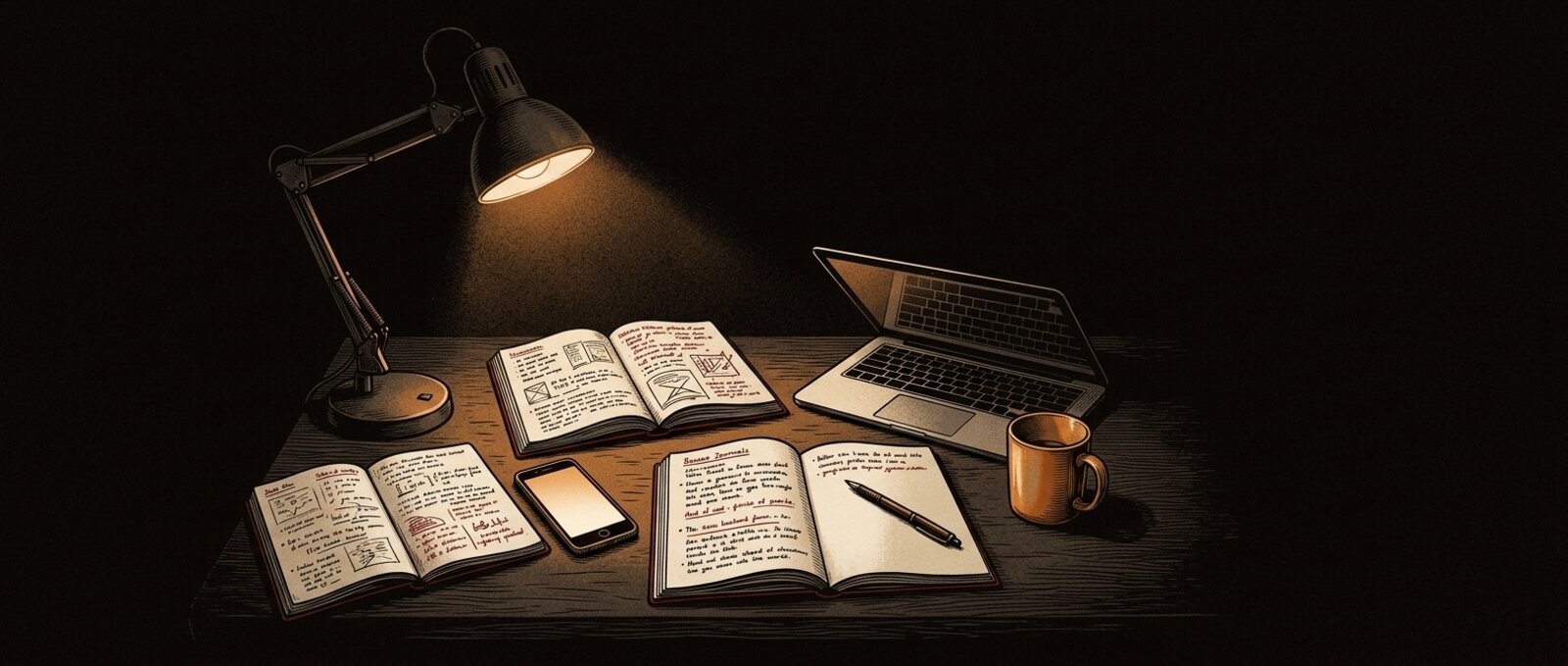 Une table de travail sous une lampe : carnets de notes, téléphone, ordinateur portable