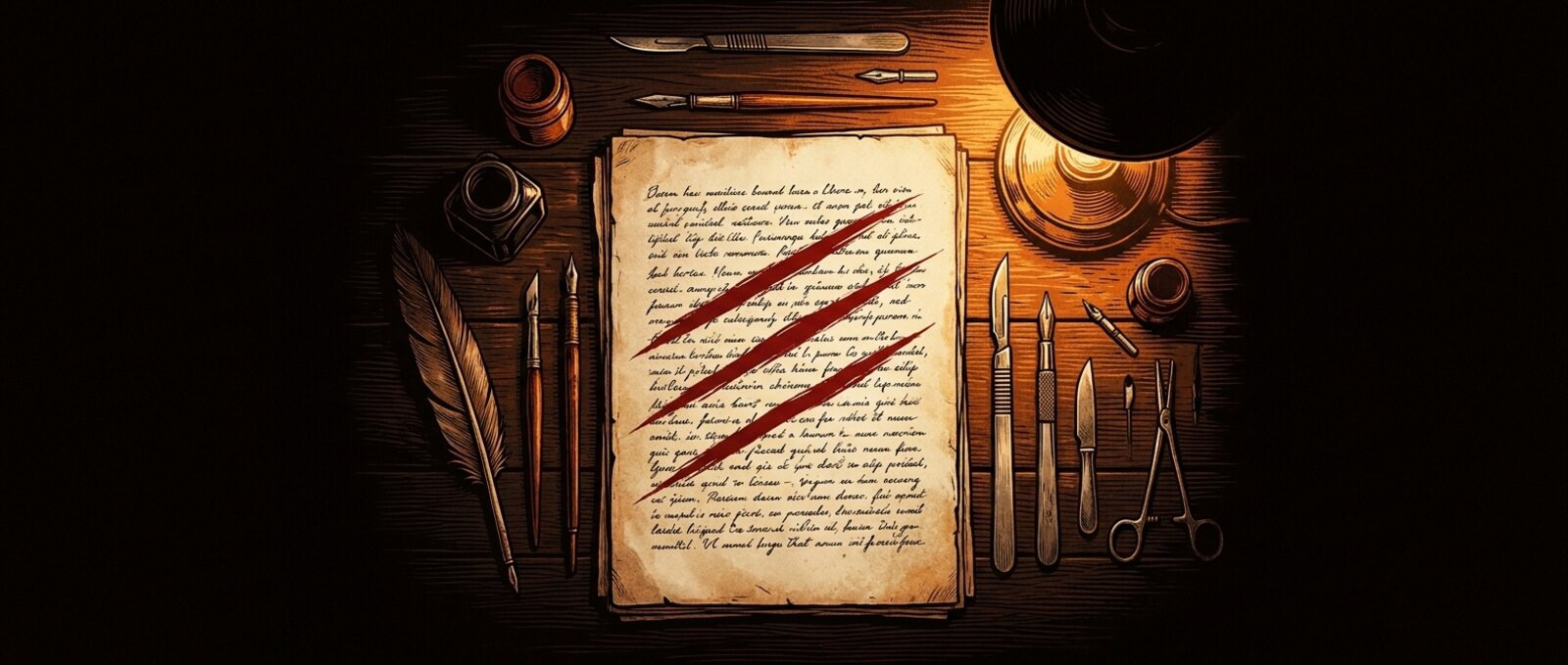 Un manuscrit posé à plat sous une lampe d'atelier, trois lignes tranchées de rouge, entouré d'instruments d'écriture rangés comme des instruments de chirurgie